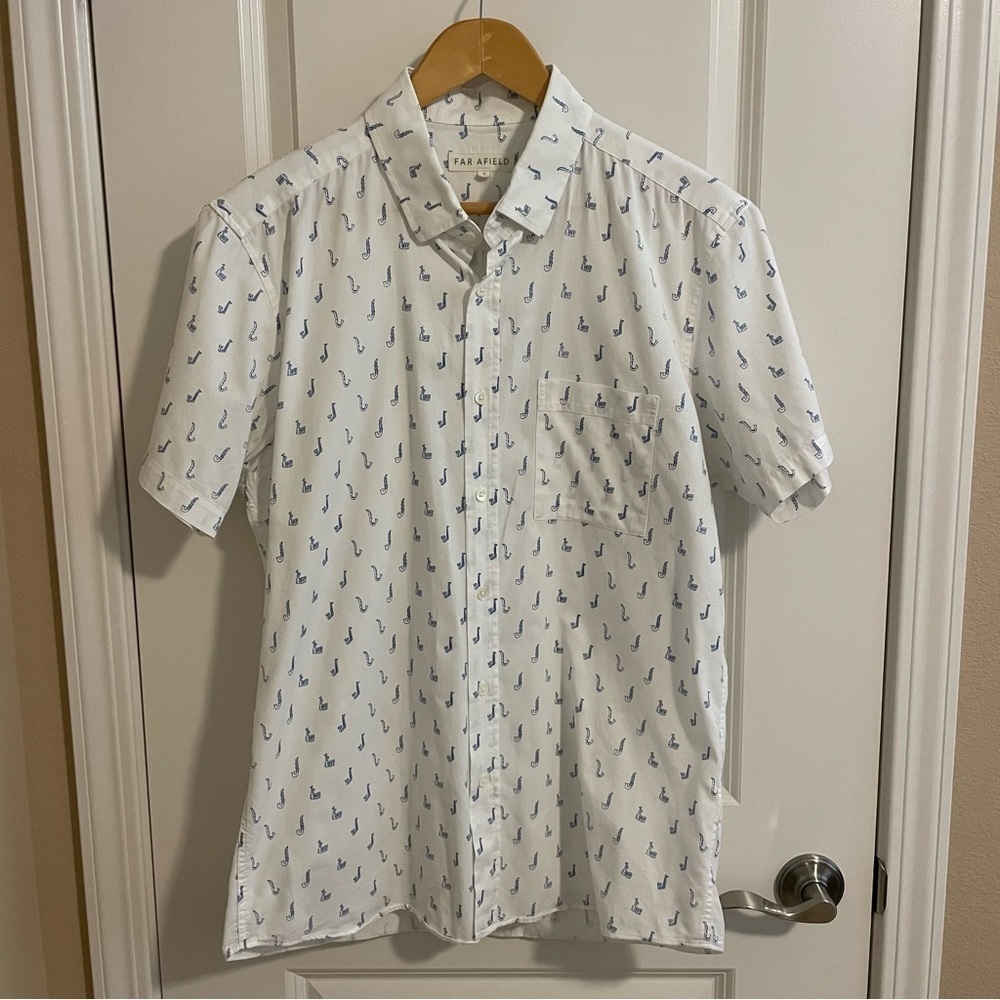 Far Afield Musical Instruments Short Sleeve Button Front Shirt White Blue Size M